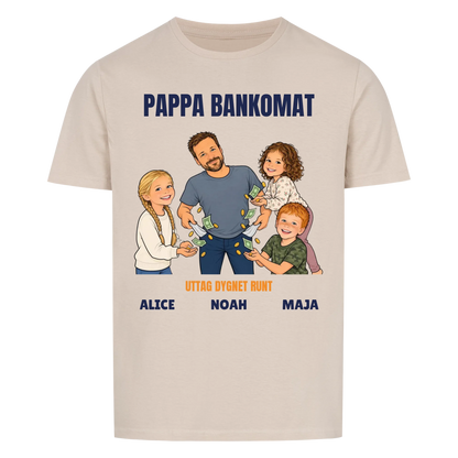 Pappa bankomat t-shirt med ditt foto som tecknad pappa och barnens namn. Rolig present till pappa