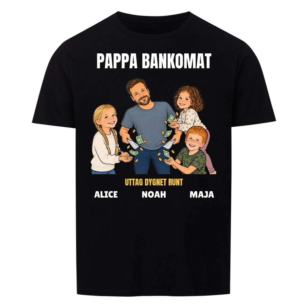 Pappa bankomat t-shirt med ditt foto som tecknad pappa och barnens namn. Rolig present till pappa
