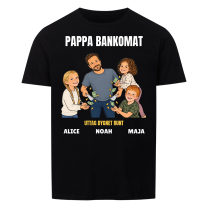 Pappa bankomat t-shirt med ditt foto som tecknad pappa och barnens namn. Rolig present till pappa