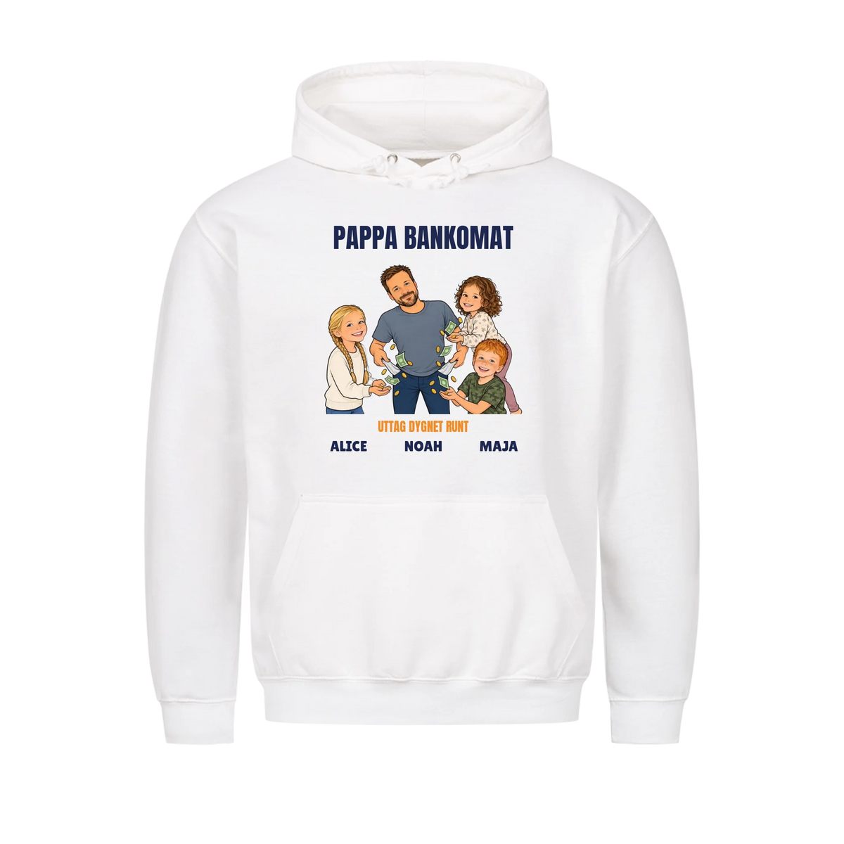 Pappa bankomat t-shirt med ditt foto som tecknad pappa och barnens namn. Rolig present till pappa