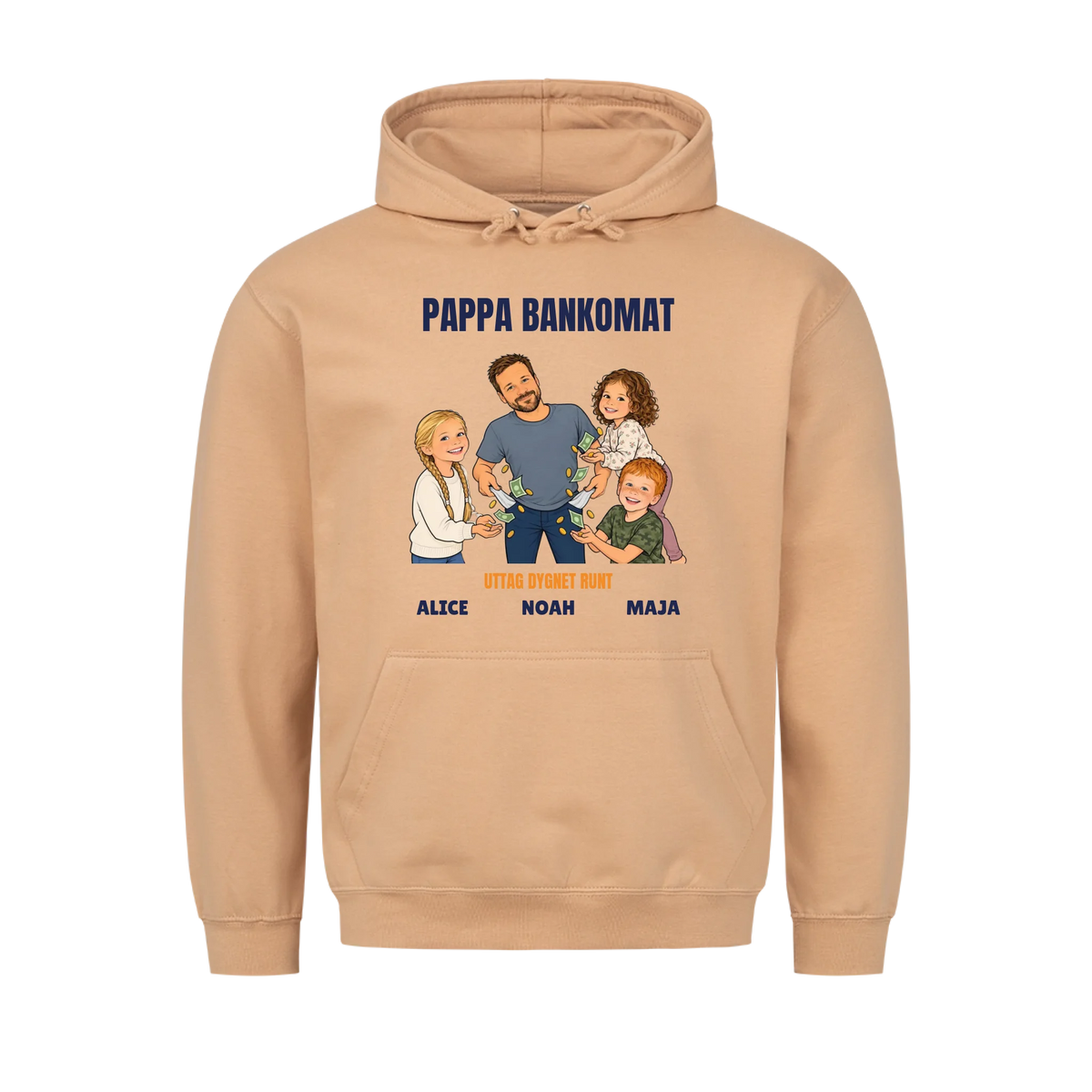 Pappa bankomat t-shirt med ditt foto som tecknad pappa och barnens namn. Rolig present till pappa