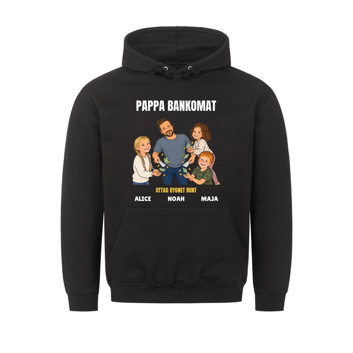 Pappa bankomat t-shirt med ditt foto som tecknad pappa och barnens namn. Rolig present till pappa