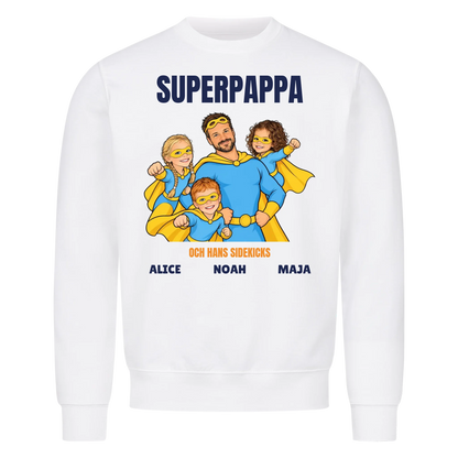 Superpappa t-shirt med ditt foto som tecknad superhjälte och barnens namn. Personlig present till pappa