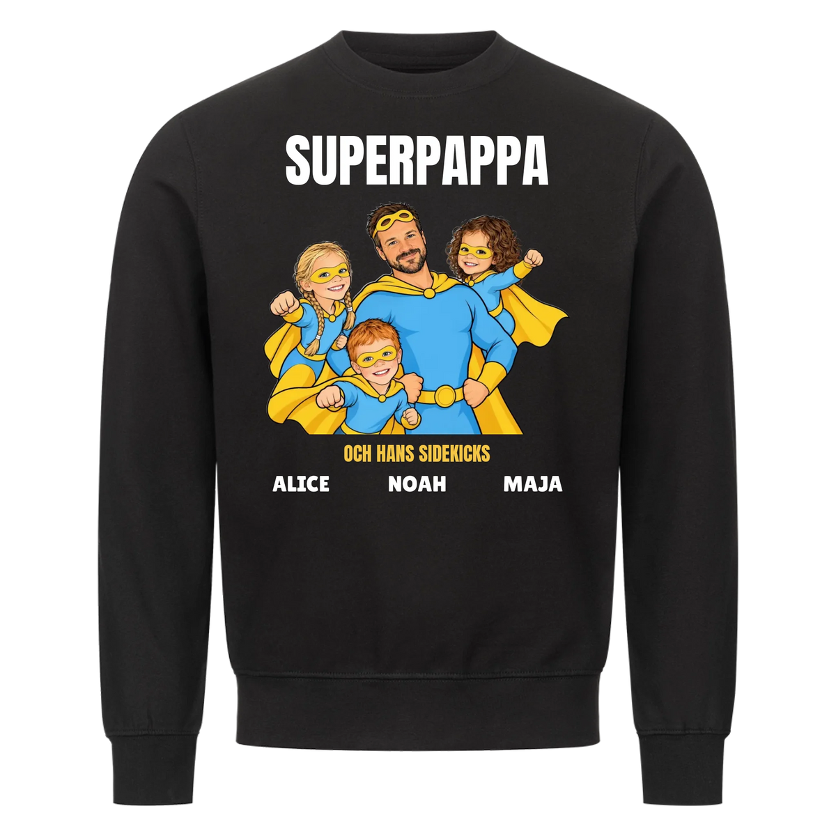 Superpappa t-shirt med ditt foto som tecknad superhjälte och barnens namn. Personlig present till pappa