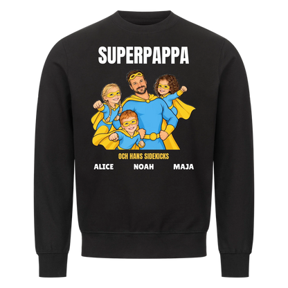 Superpappa t-shirt med ditt foto som tecknad superhjälte och barnens namn. Personlig present till pappa