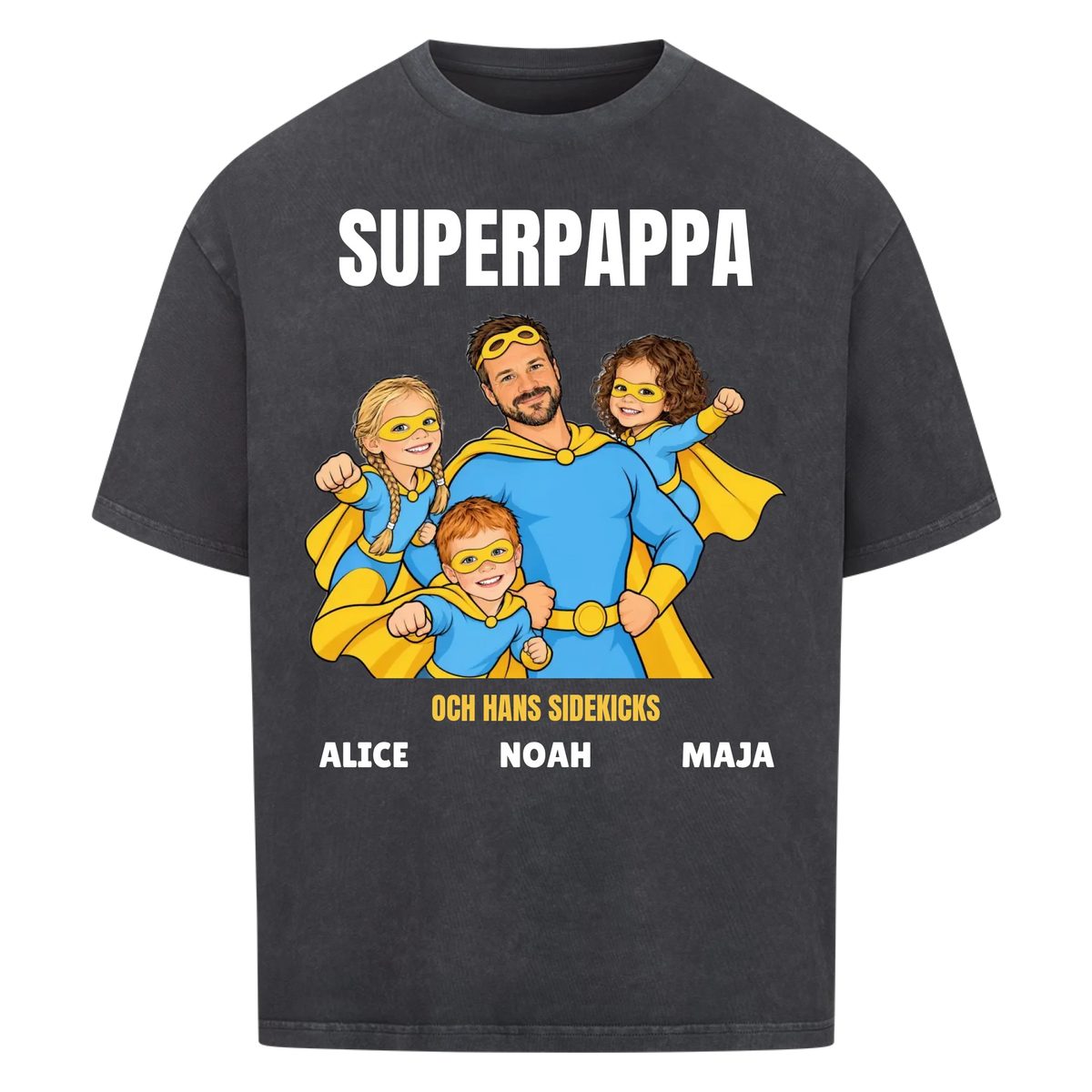 Superpappa t-shirt med ditt foto som tecknad superhjälte och barnens namn. Personlig present till pappa
