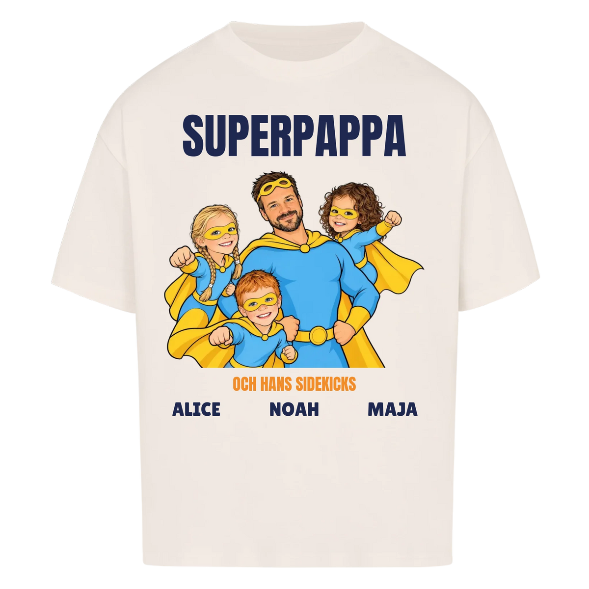 Superpappa t-shirt med ditt foto som tecknad superhjälte och barnens namn. Personlig present till pappa