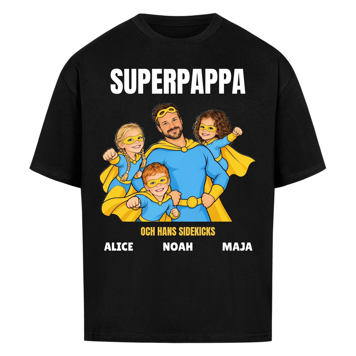 Superpappa t-shirt med ditt foto som tecknad superhjälte och barnens namn. Personlig present till pappa