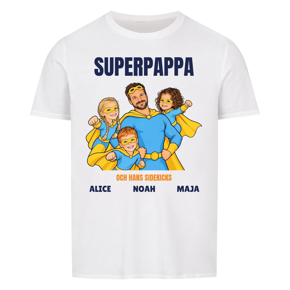 Superpappa t-shirt med ditt foto som tecknad superhjälte och barnens namn. Personlig present till pappa