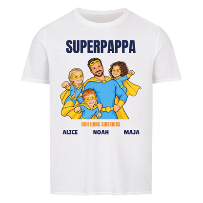 Superpappa t-shirt med ditt foto som tecknad superhjälte och barnens namn. Personlig present till pappa