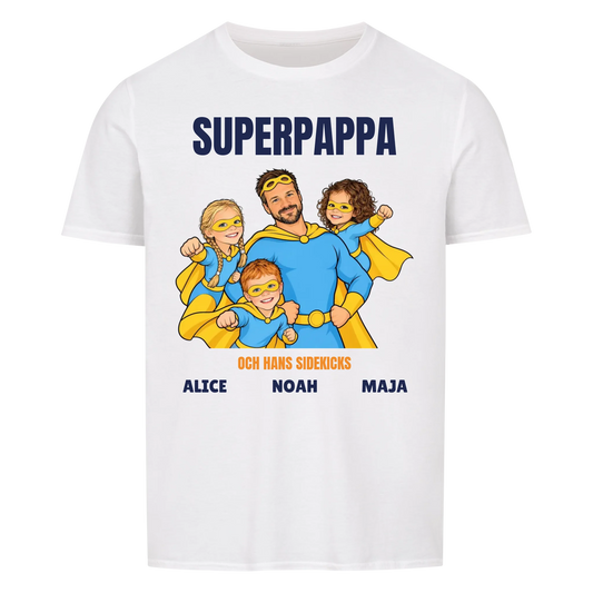 Superpappa t-shirt med ditt foto som tecknad superhjälte och barnens namn. Personlig present till pappa