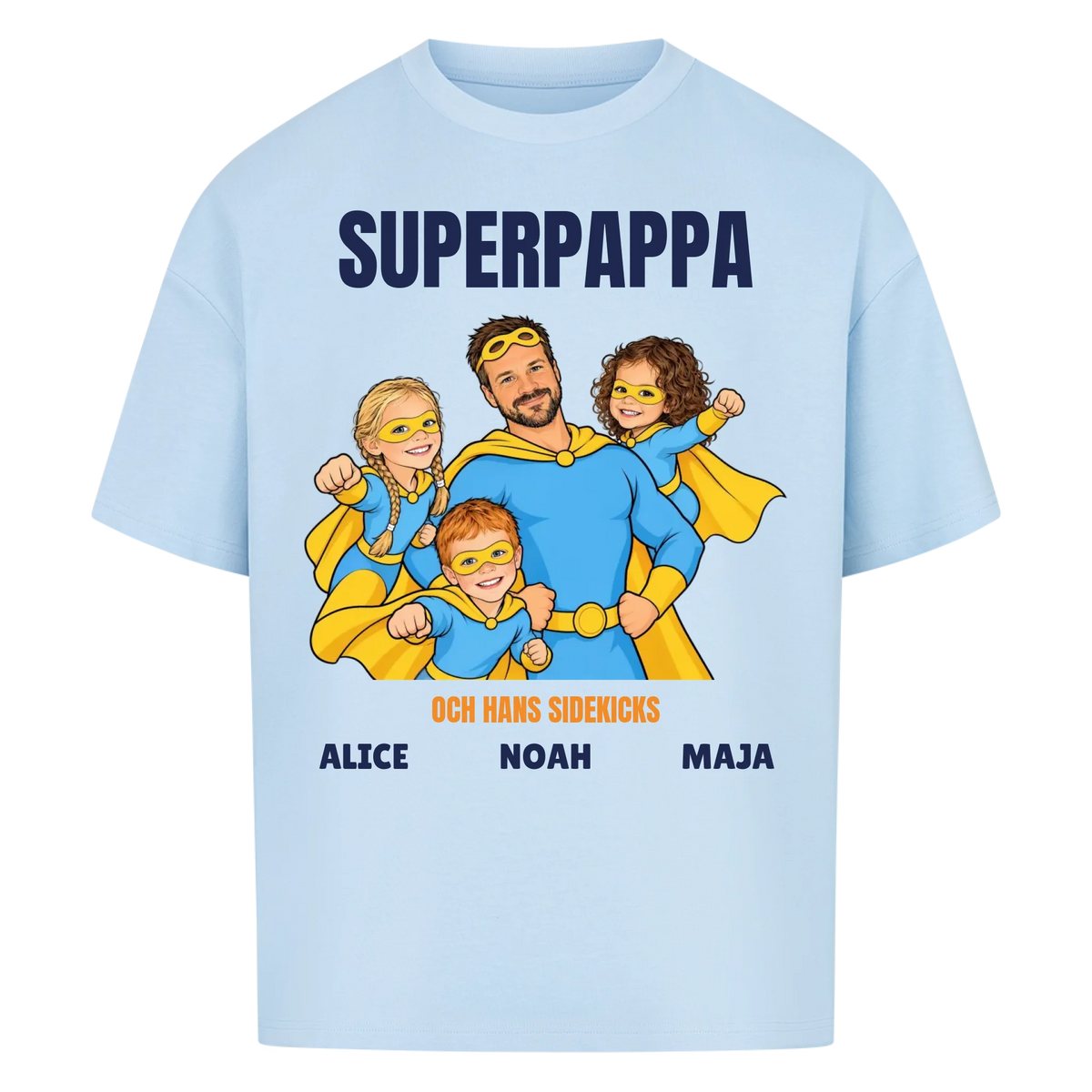 Superpappa t-shirt med ditt foto som tecknad superhjälte och barnens namn. Personlig present till pappa