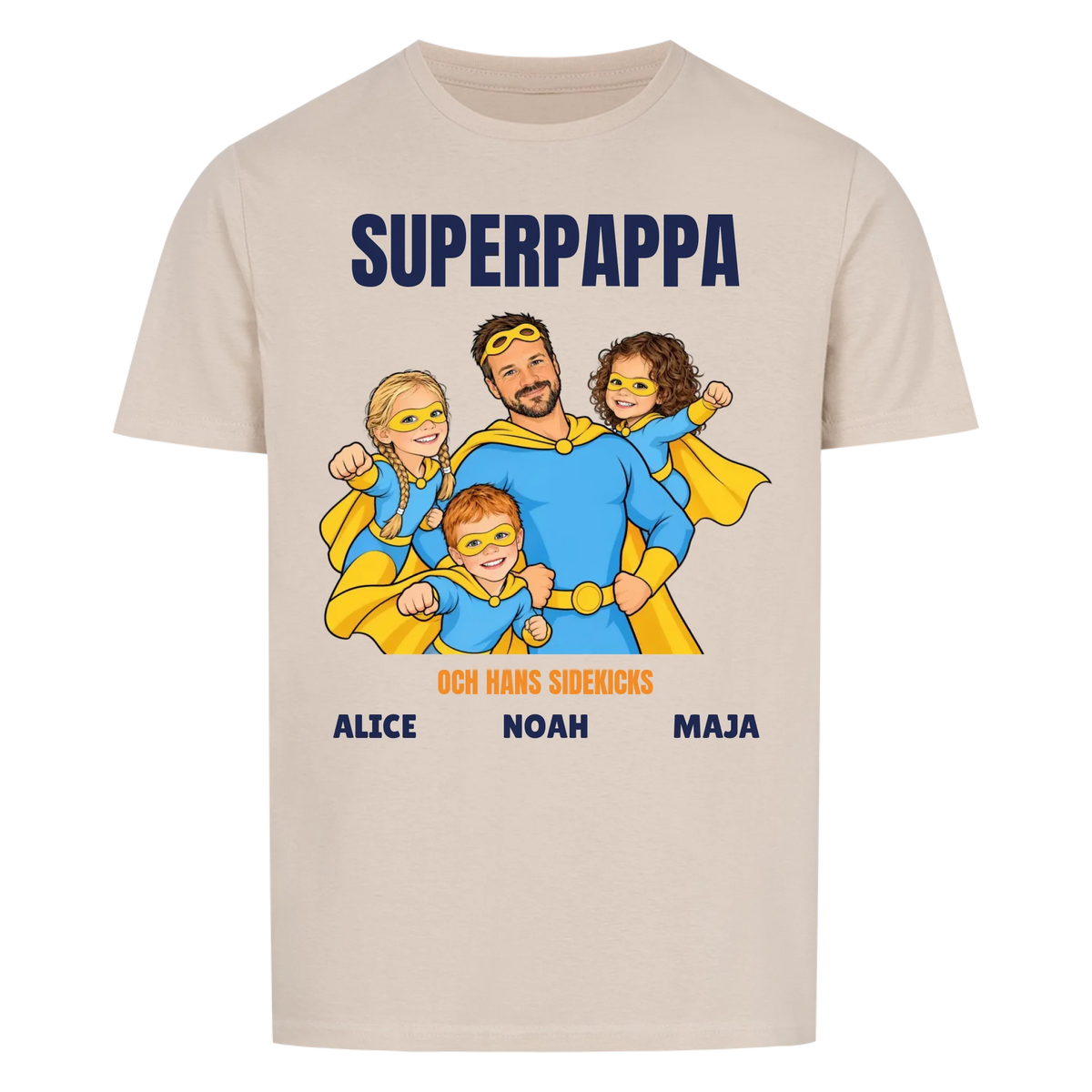 Superpappa t-shirt med ditt foto som tecknad superhjälte och barnens namn. Personlig present till pappa