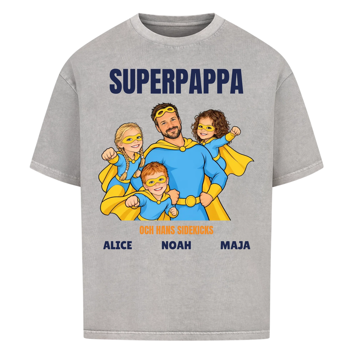 Superpappa t-shirt med ditt foto som tecknad superhjälte och barnens namn. Personlig present till pappa
