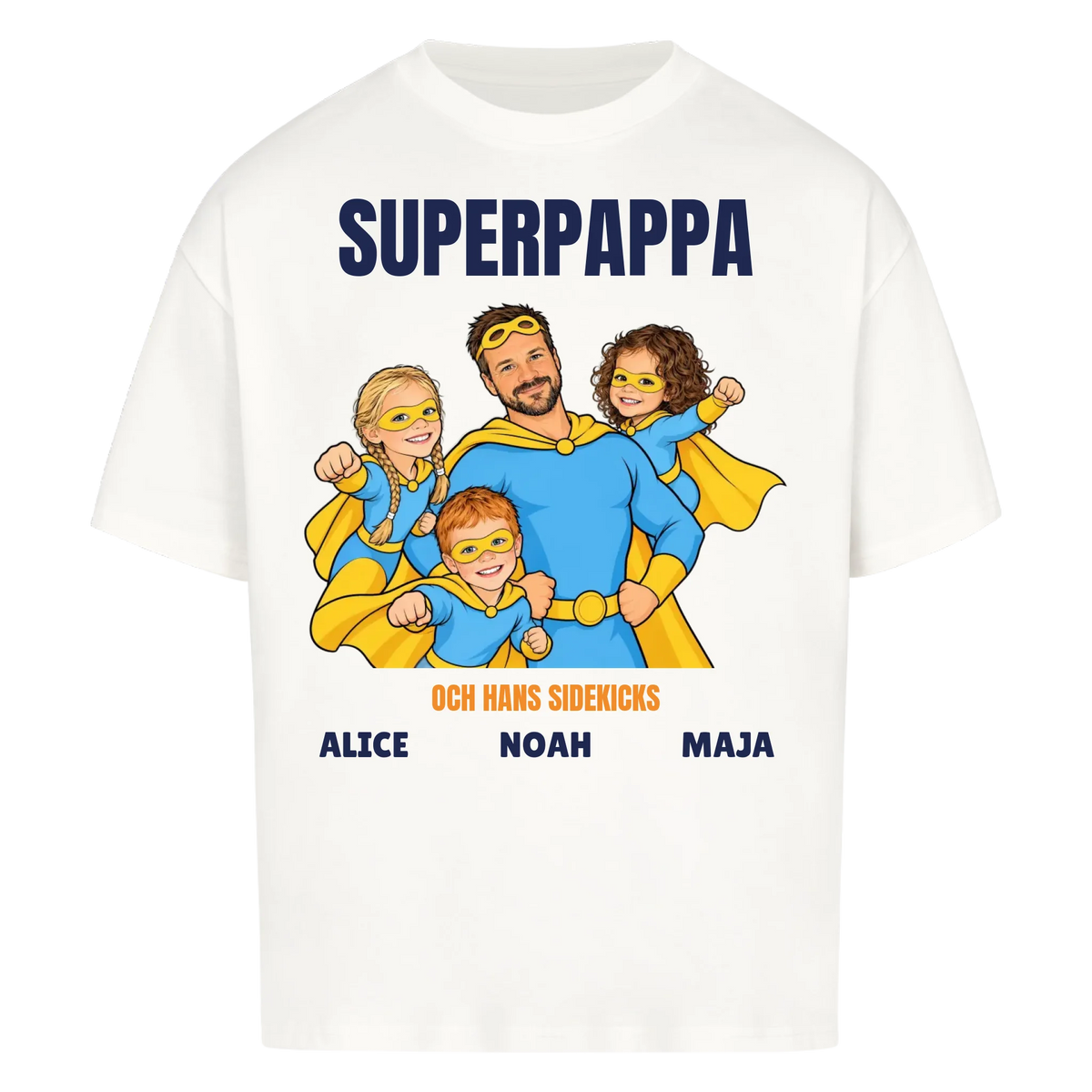 Superpappa t-shirt med ditt foto som tecknad superhjälte och barnens namn. Personlig present till pappa