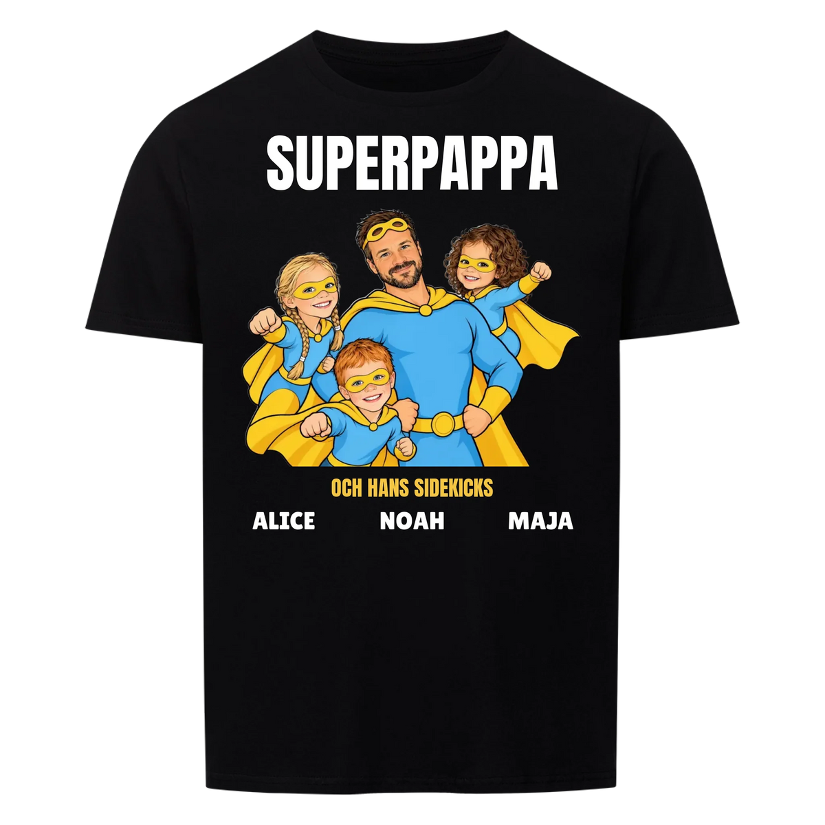 Superpappa t-shirt med ditt foto som tecknad superhjälte och barnens namn. Personlig present till pappa