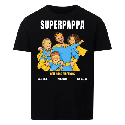 Superpappa t-shirt med ditt foto som tecknad superhjälte och barnens namn. Personlig present till pappa