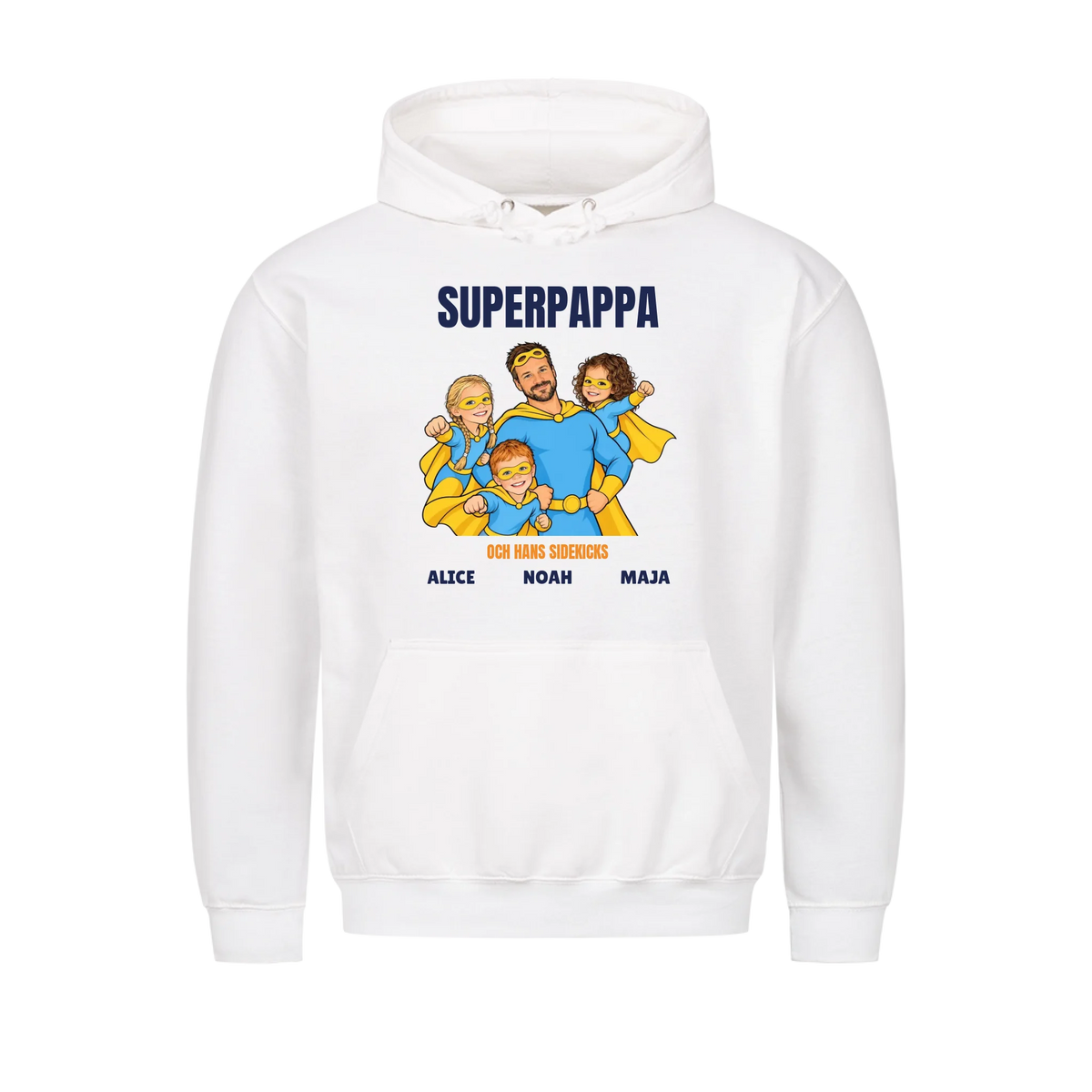Superpappa t-shirt med ditt foto som tecknad superhjälte och barnens namn. Personlig present till pappa