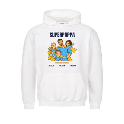 Superpappa t-shirt med ditt foto som tecknad superhjälte och barnens namn. Personlig present till pappa