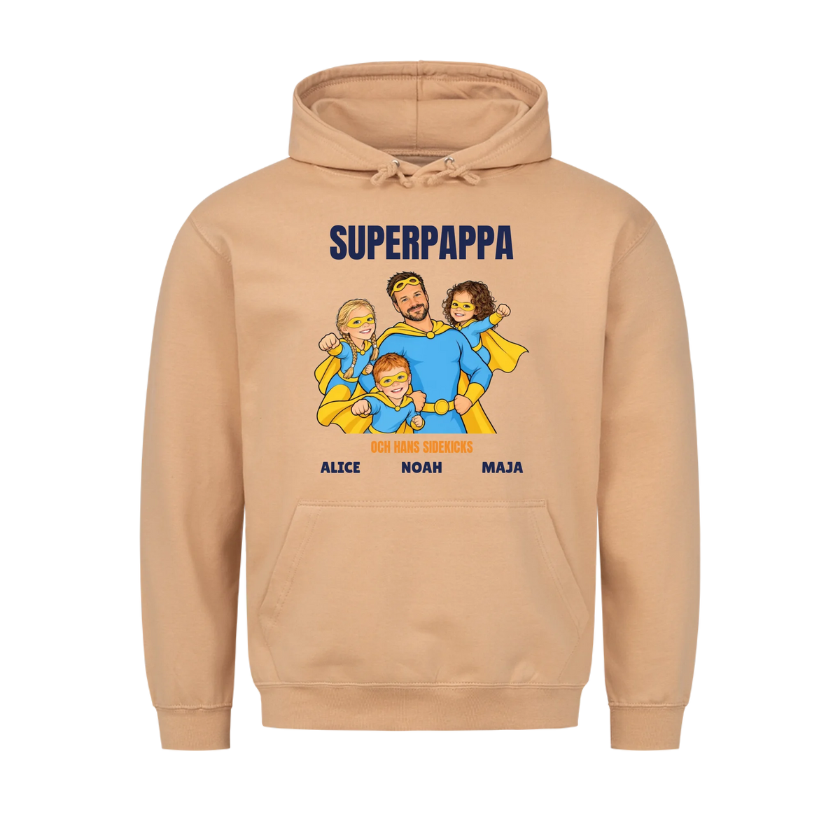 Superpappa t-shirt med ditt foto som tecknad superhjälte och barnens namn. Personlig present till pappa