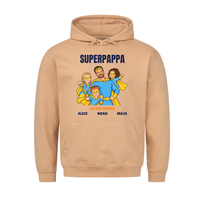 Superpappa t-shirt med ditt foto som tecknad superhjälte och barnens namn. Personlig present till pappa