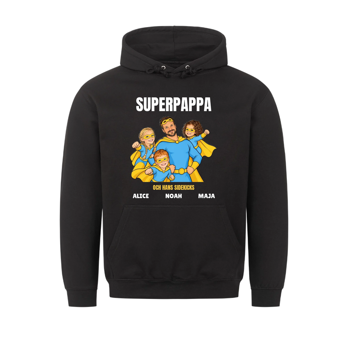 Superpappa t-shirt med ditt foto som tecknad superhjälte och barnens namn. Personlig present till pappa