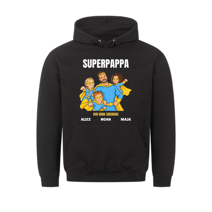Superpappa t-shirt med ditt foto som tecknad superhjälte och barnens namn. Personlig present till pappa