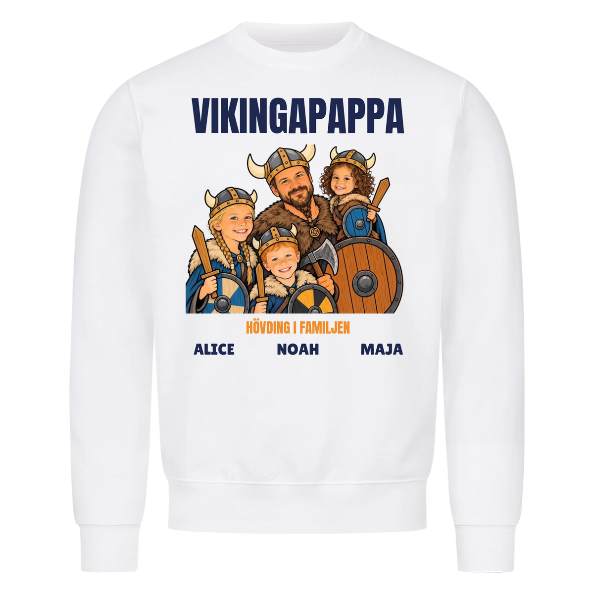 Vikingapappa t-shirt med ditt foto som tecknad vikingafamilj och barnens namn. Personlig present till pappa