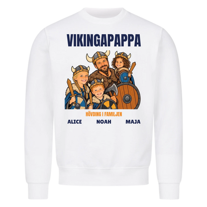 Vikingapappa t-shirt med ditt foto som tecknad vikingafamilj och barnens namn. Personlig present till pappa