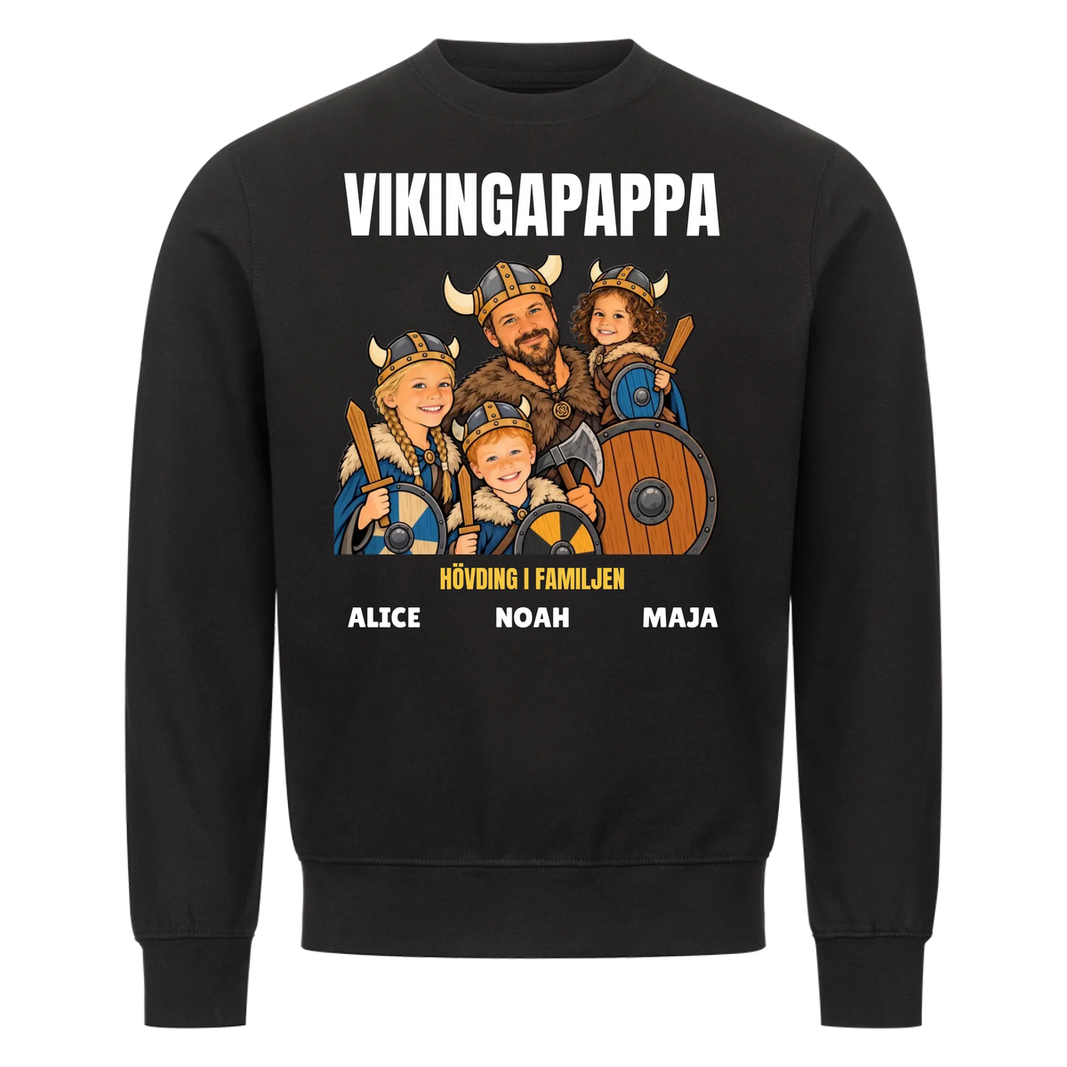 Vikingapappa t-shirt med ditt foto som tecknad vikingafamilj och barnens namn. Personlig present till pappa