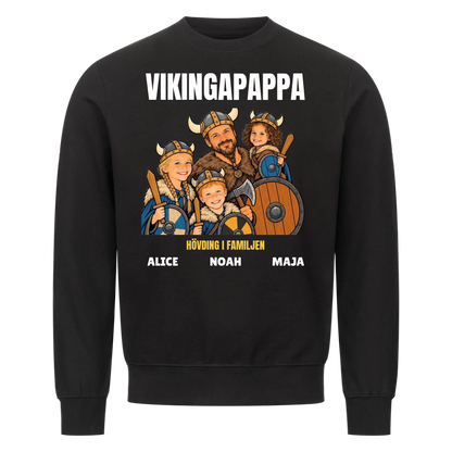 Vikingapappa t-shirt med ditt foto som tecknad vikingafamilj och barnens namn. Personlig present till pappa