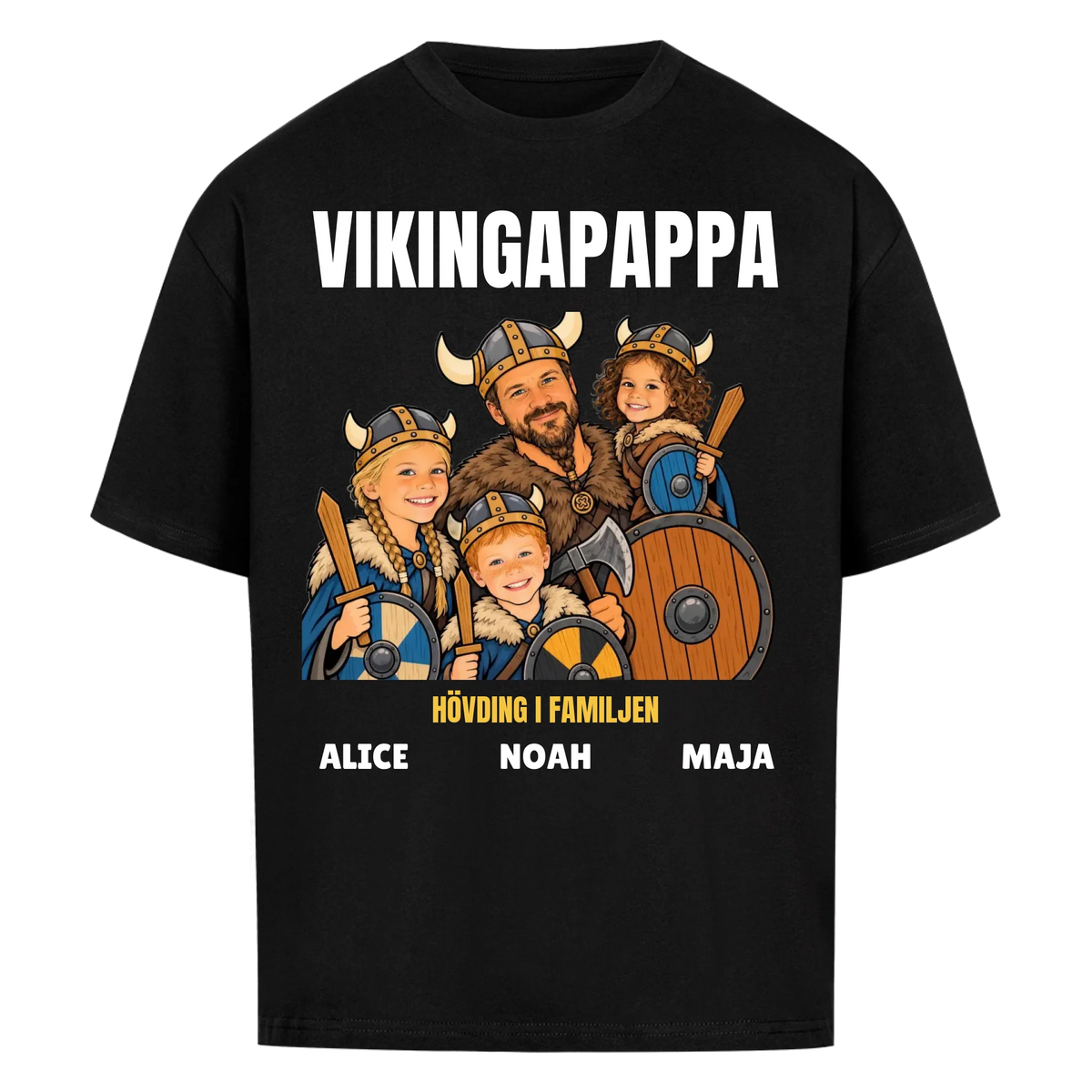 Vikingapappa t-shirt med ditt foto som tecknad vikingafamilj och barnens namn. Personlig present till pappa