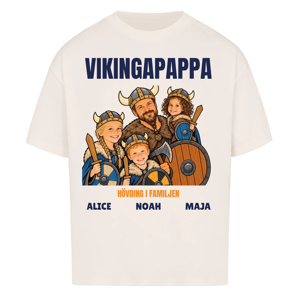 Vikingapappa t-shirt med ditt foto som tecknad vikingafamilj och barnens namn. Personlig present till pappa