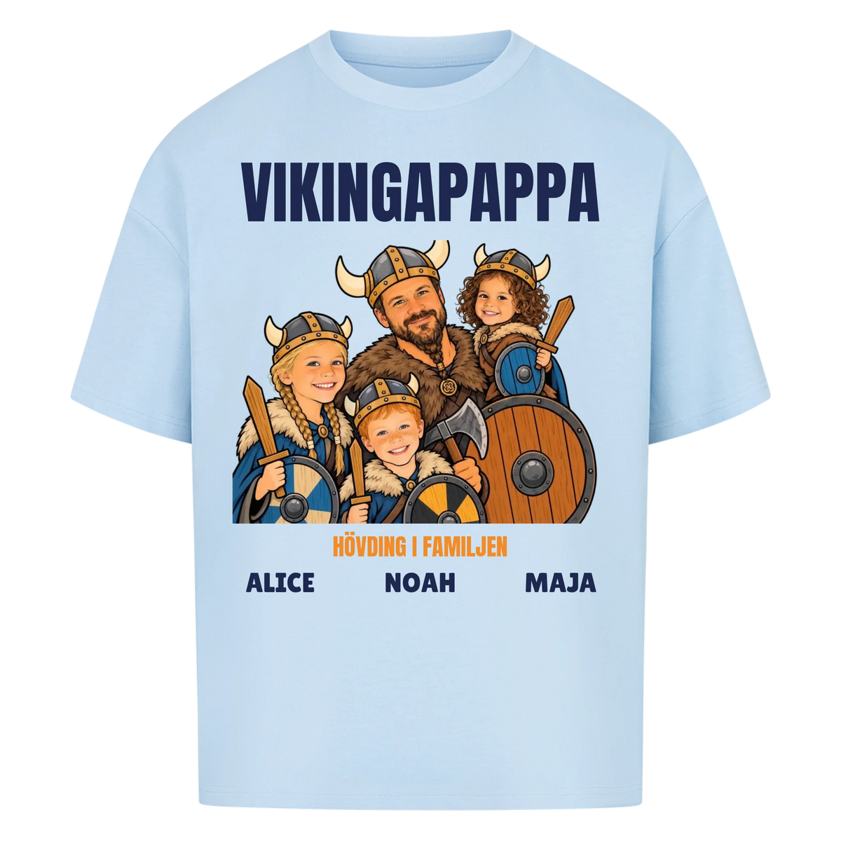 Vikingapappa t-shirt med ditt foto som tecknad vikingafamilj och barnens namn. Personlig present till pappa