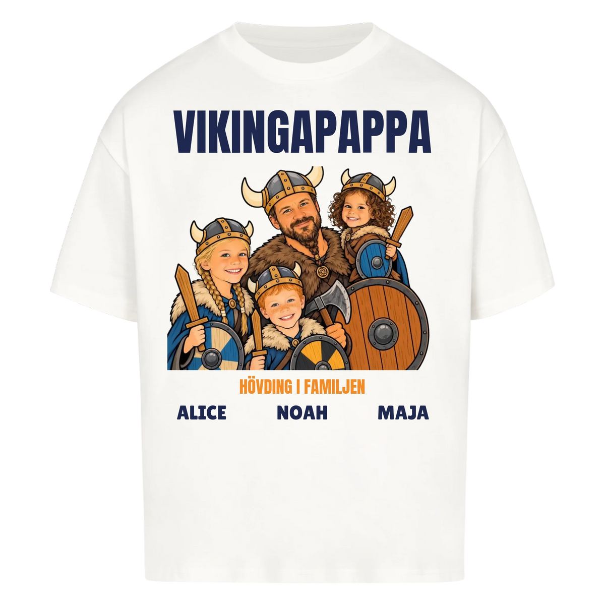 Vikingapappa t-shirt med ditt foto som tecknad vikingafamilj och barnens namn. Personlig present till pappa