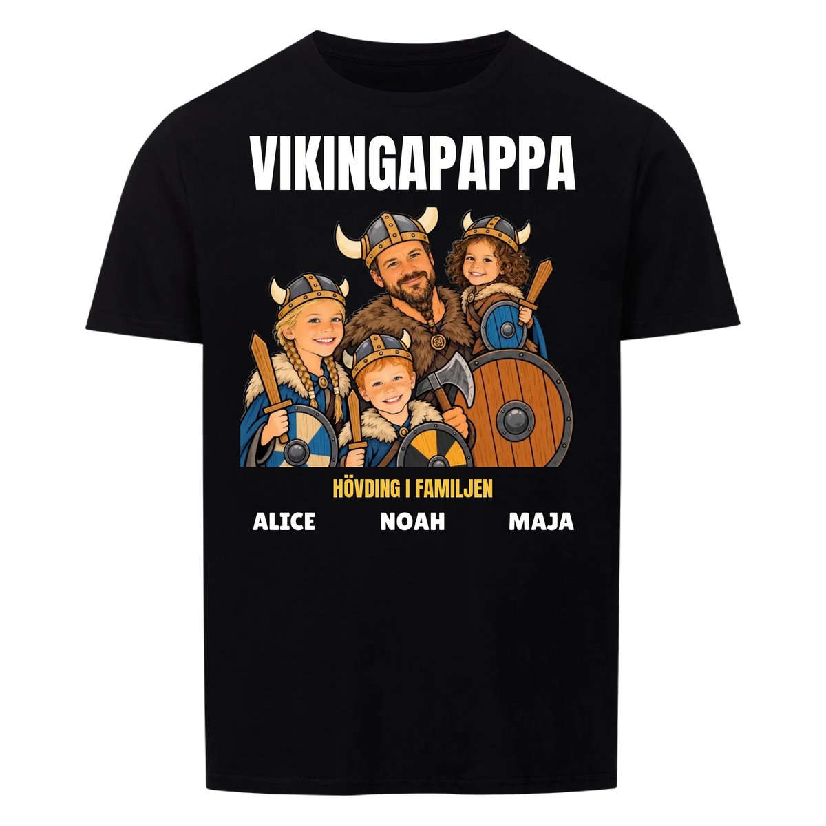 Vikingapappa t-shirt med ditt foto som tecknad vikingafamilj och barnens namn. Personlig present till pappa