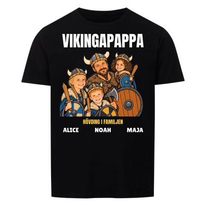 Vikingapappa t-shirt med ditt foto som tecknad vikingafamilj och barnens namn. Personlig present till pappa