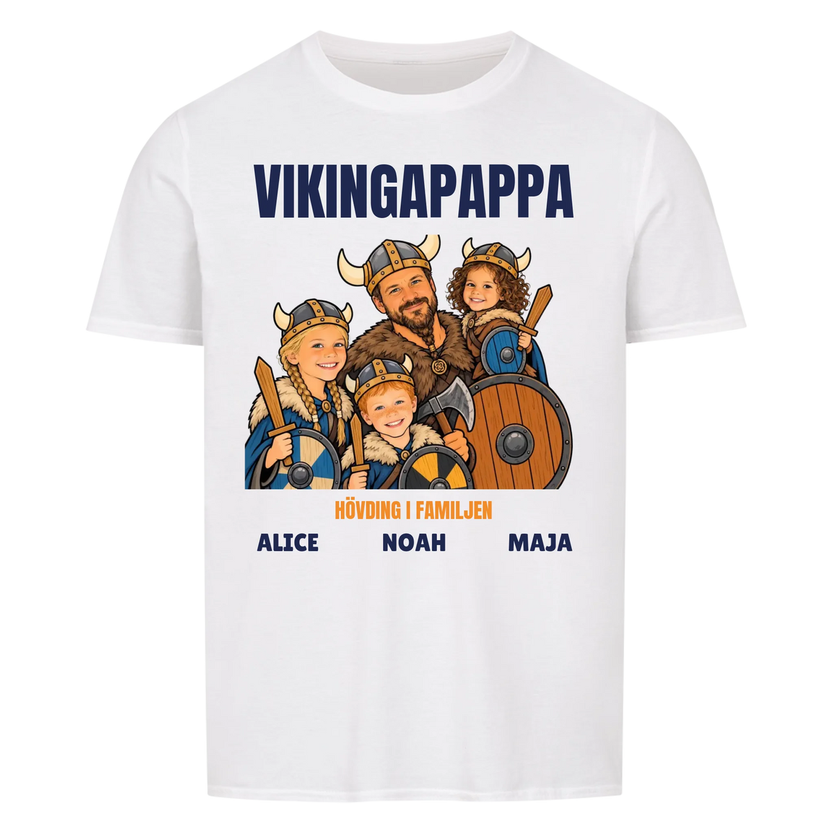 Vikingapappa t-shirt med ditt foto som tecknad vikingafamilj och barnens namn. Personlig present till pappa