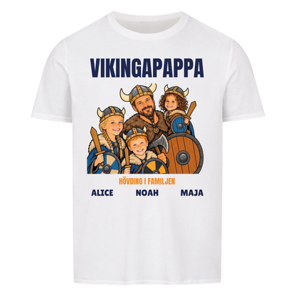Vikingapappa t-shirt med ditt foto som tecknad vikingafamilj och barnens namn. Personlig present till pappa