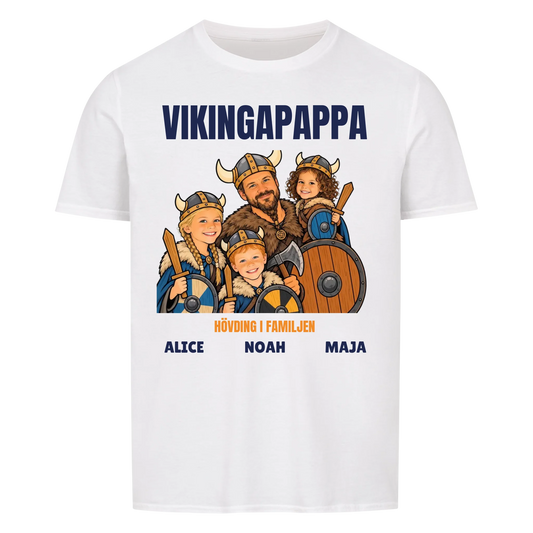 Vikingapappa t-shirt med ditt foto som tecknad vikingafamilj och barnens namn. Personlig present till pappa