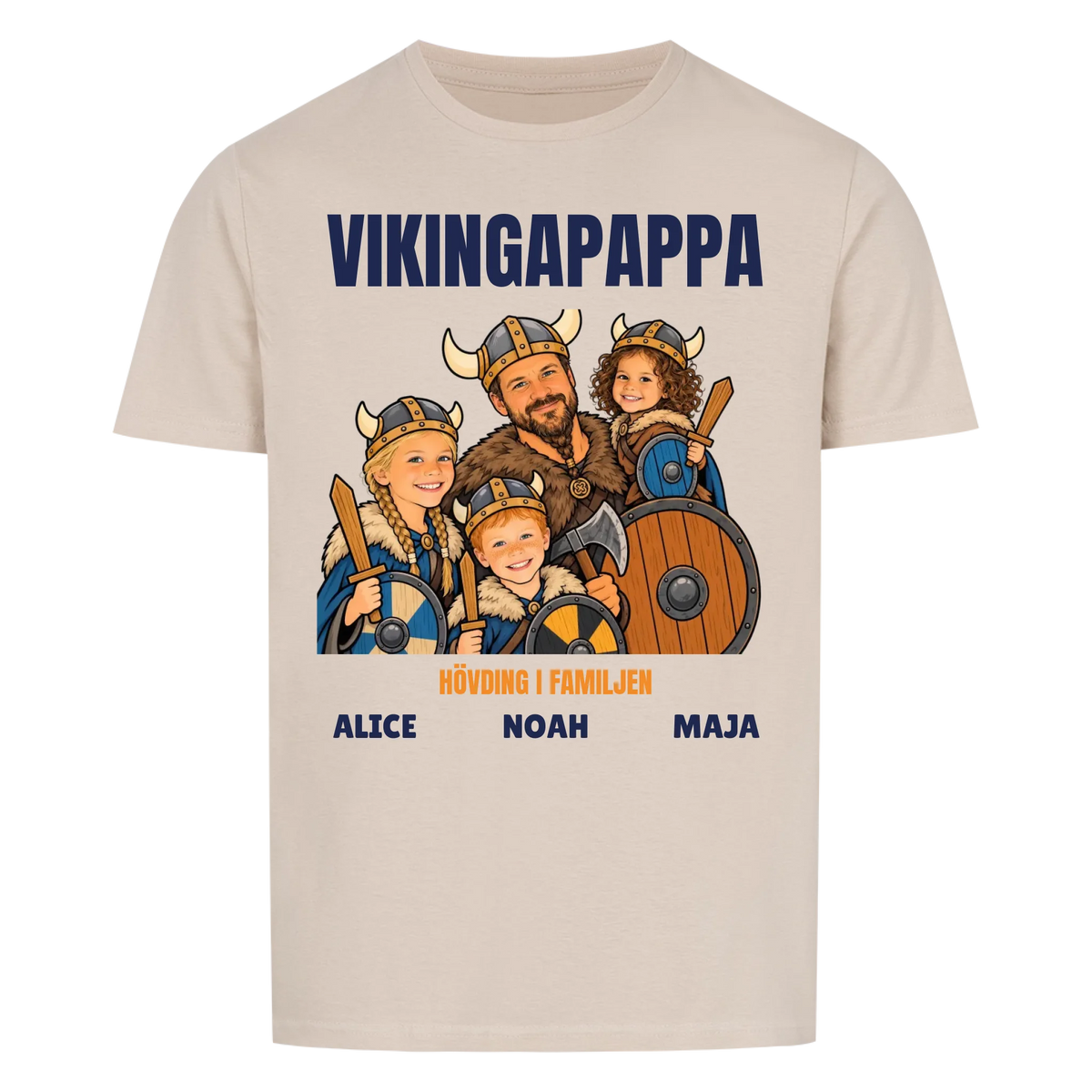 Vikingapappa t-shirt med ditt foto som tecknad vikingafamilj och barnens namn. Personlig present till pappa