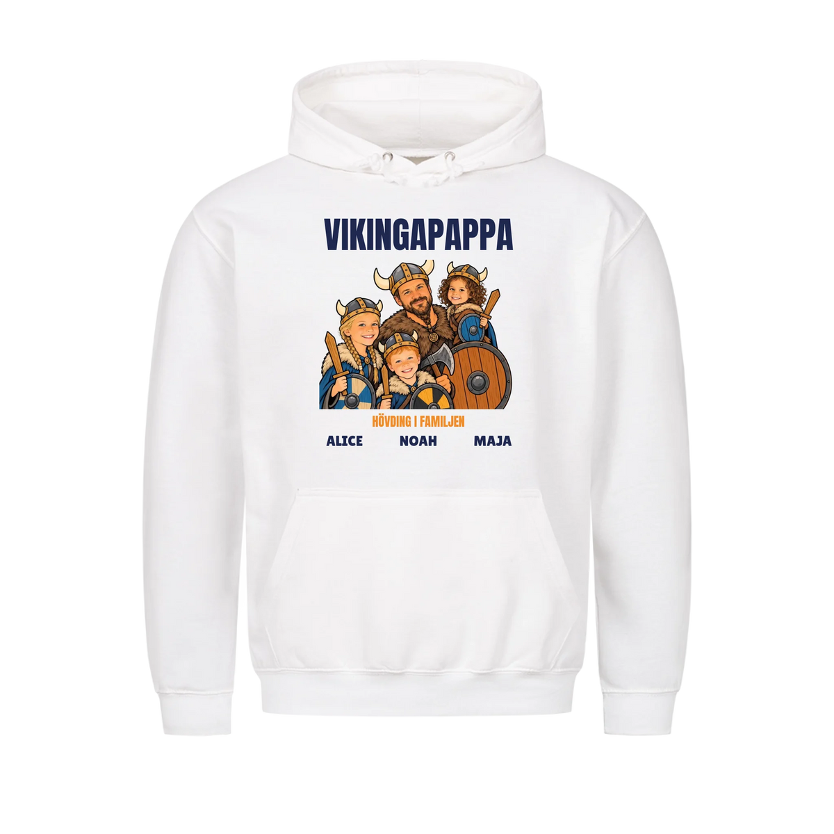 Vikingapappa t-shirt med ditt foto som tecknad vikingafamilj och barnens namn. Personlig present till pappa