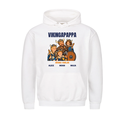 Vikingapappa t-shirt med ditt foto som tecknad vikingafamilj och barnens namn. Personlig present till pappa