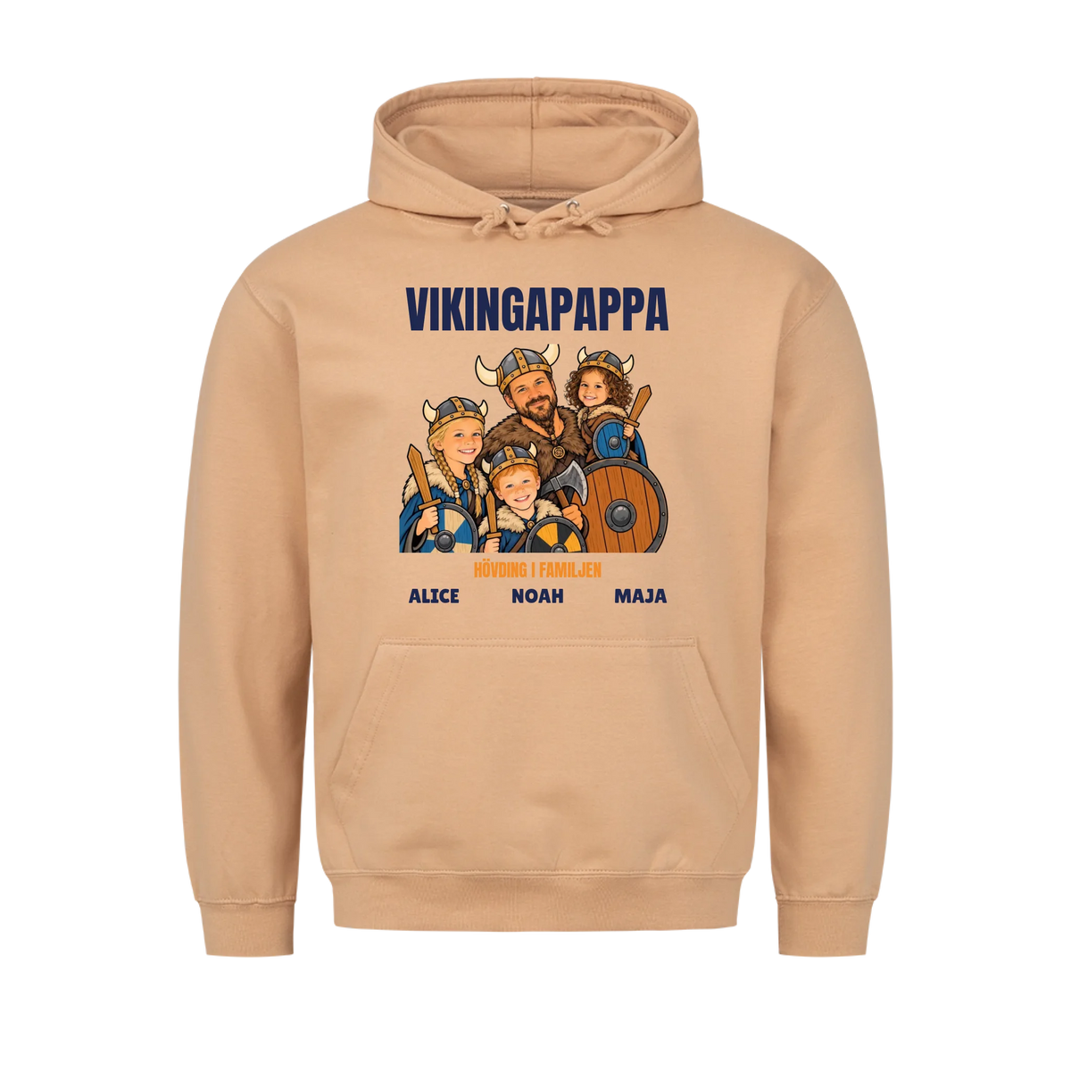 Vikingapappa t-shirt med ditt foto som tecknad vikingafamilj och barnens namn. Personlig present till pappa