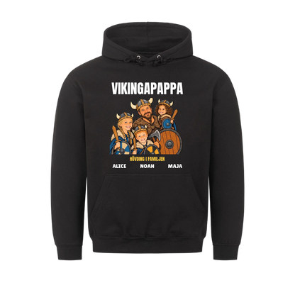 Vikingapappa t-shirt med ditt foto som tecknad vikingafamilj och barnens namn. Personlig present till pappa