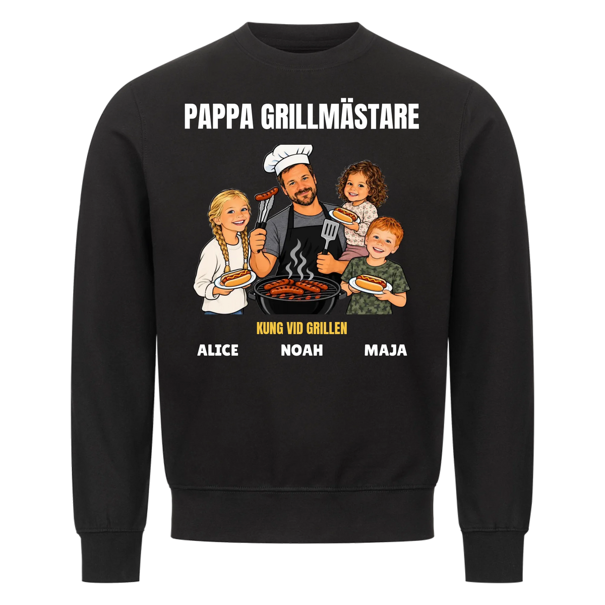 Pappa grillmästare t-shirt med ditt foto som tecknad grillkung och barnens namn. Rolig present till pappa