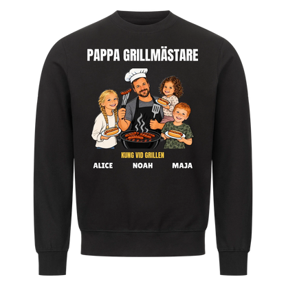 Pappa grillmästare t-shirt med ditt foto som tecknad grillkung och barnens namn. Rolig present till pappa