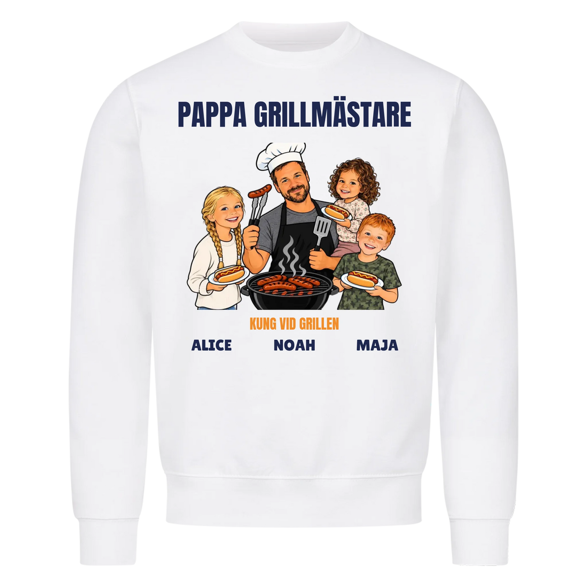 Pappa grillmästare t-shirt med ditt foto som tecknad grillkung och barnens namn. Rolig present till pappa