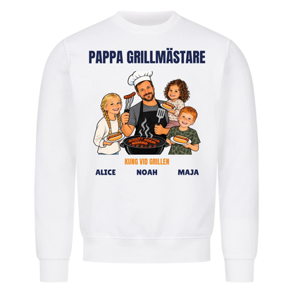 Pappa grillmästare t-shirt med ditt foto som tecknad grillkung och barnens namn. Rolig present till pappa