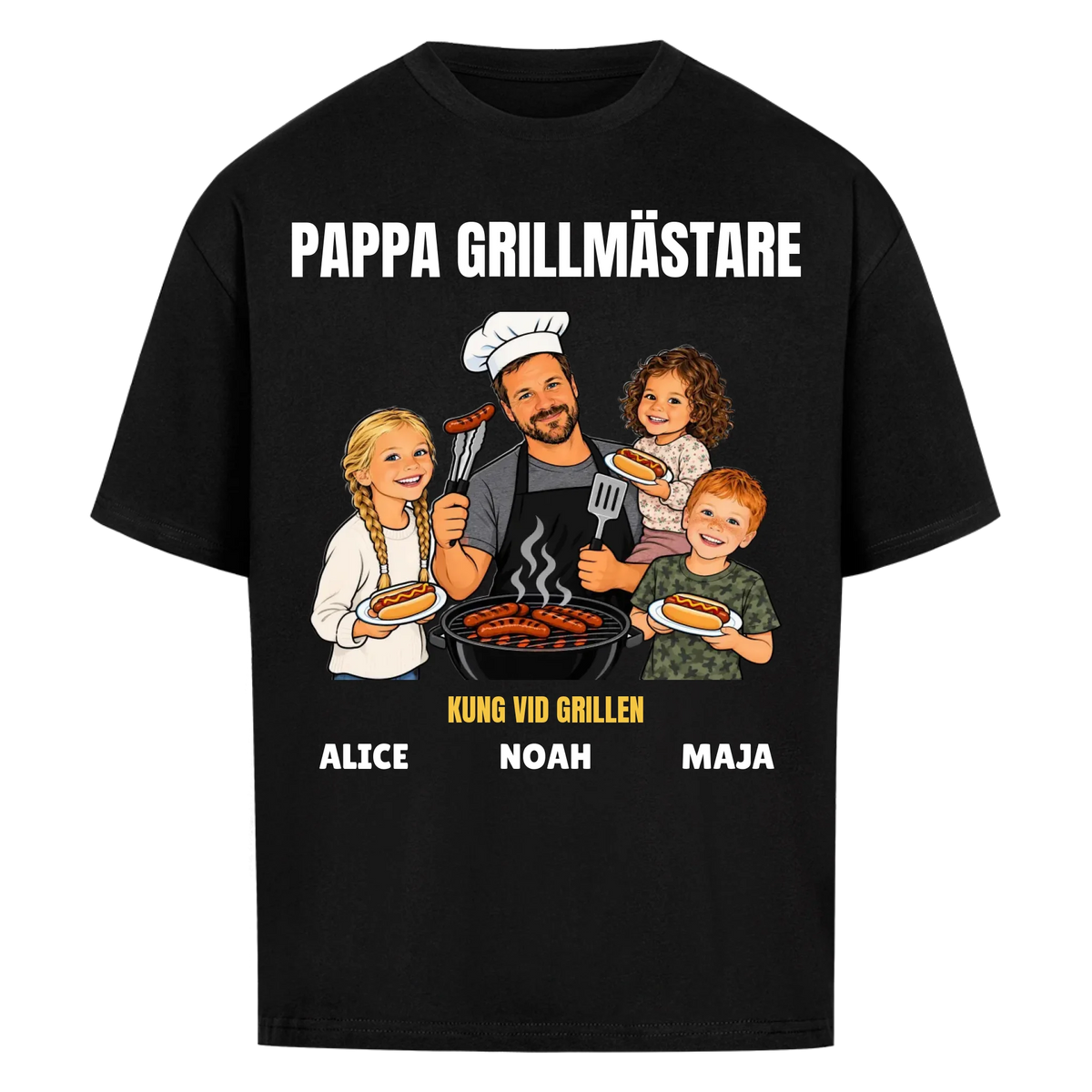 Pappa grillmästare t-shirt med ditt foto som tecknad grillkung och barnens namn. Rolig present till pappa